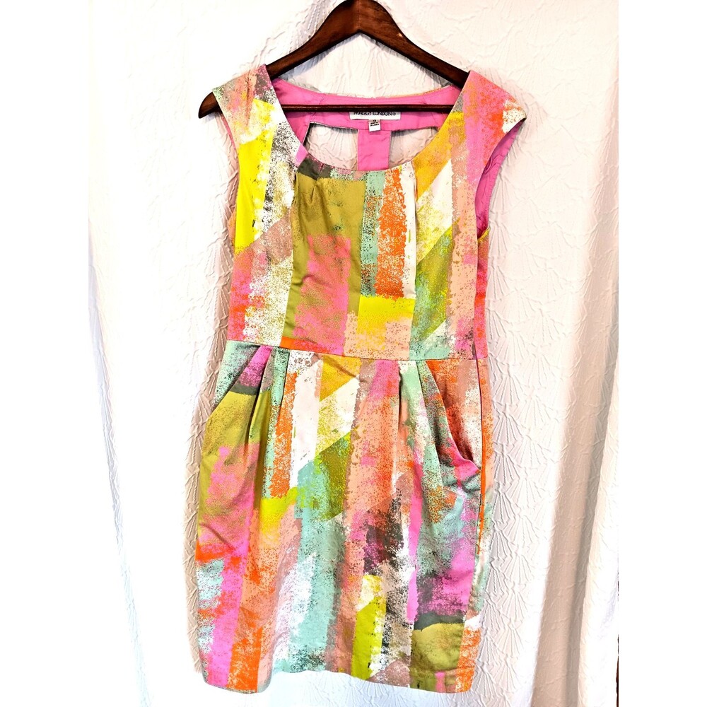 Maggy London Size 12 Abstract Print Sheath Dress Pink Cotton Stretch Cutout Back